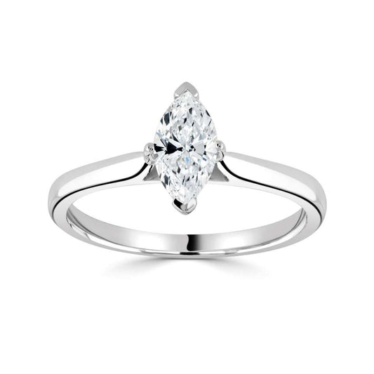 A CLASSIC MARQUISE SOLITAIRE WITH PLAIN SHOULDERS.