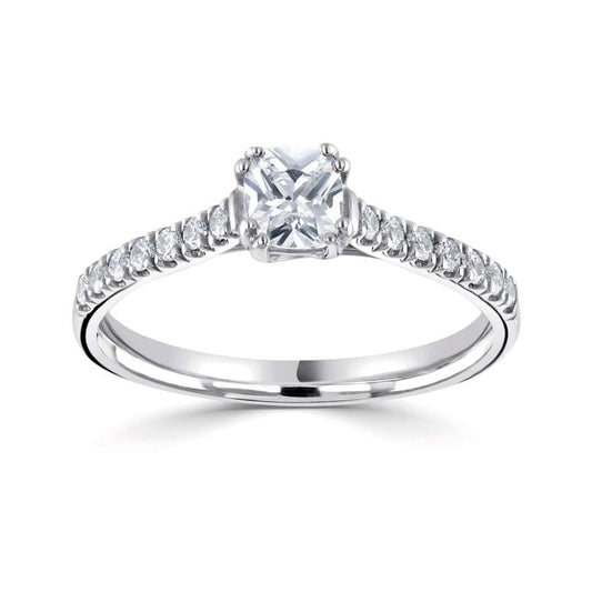 A CLASSIC CUSHION SOLITAIRE WITH DIAMOND SET SHOULDERS.