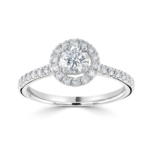 A CLASSIC ROUND HALO WITH DIAMOND SET SHOULDERS.