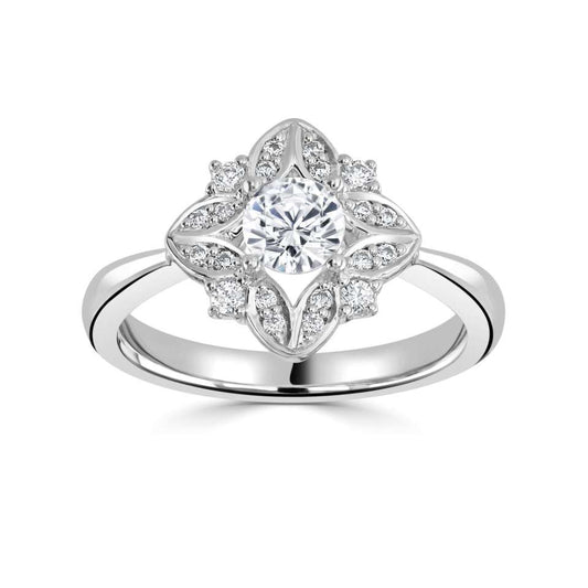 A FLORAL INSPIRED HALO WITH PLAIN SHOULDERS FOR A ROUND CENTRE STONE.