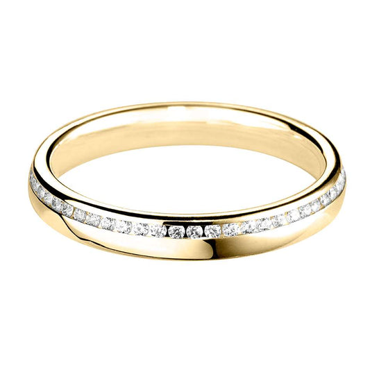 A COURT PROFILE WEDDING RING WITH OFFSET CHANNEL SET ROUND DIAMONDS AND A FINE EDGE.