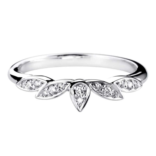 A DIAMOND SET DECORATIVE BAND WITH FLORAL INSPIRED MARQUISE STYLE SETTINGS.
