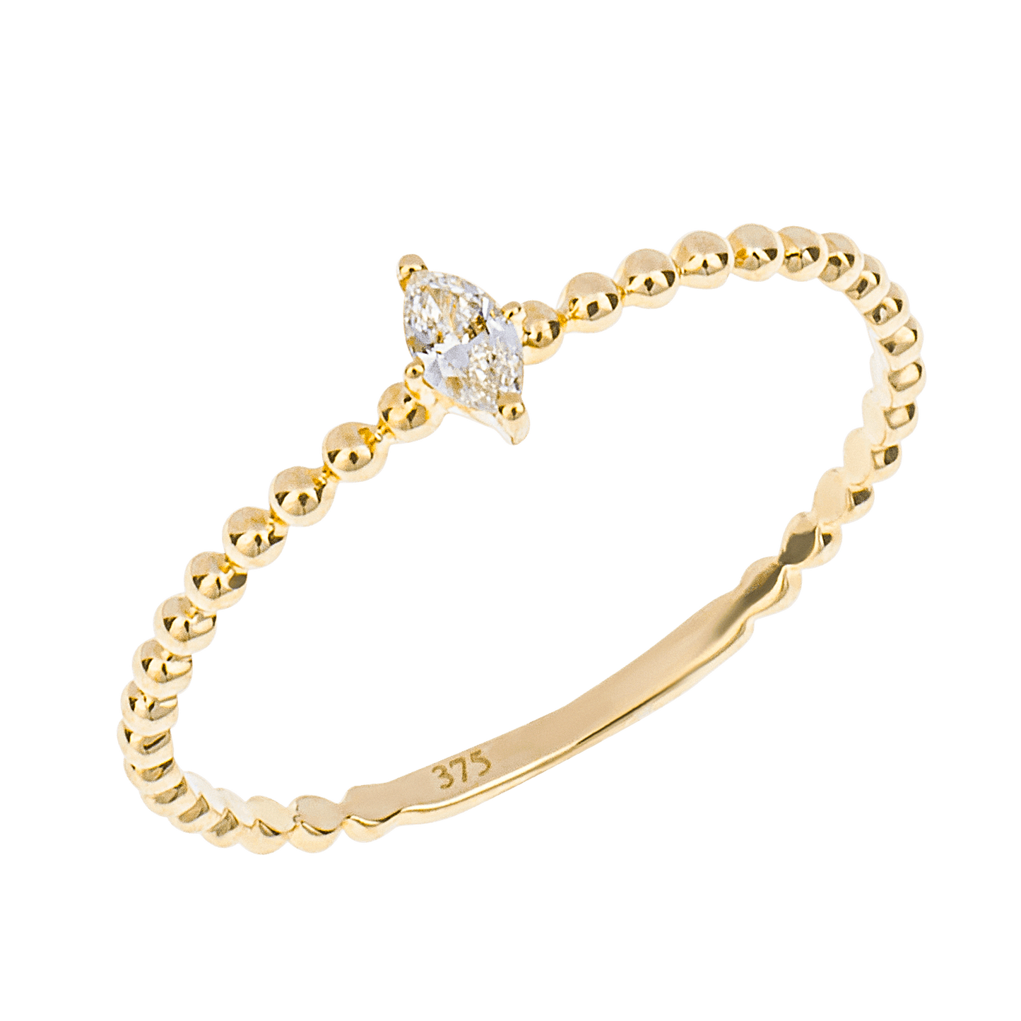 Yellow Gold Dainty Beaded Ring with Marquise Diamond