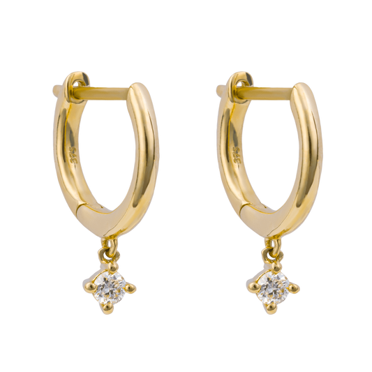 Yellow Gold Round Diamond Drop Hoop Earrings