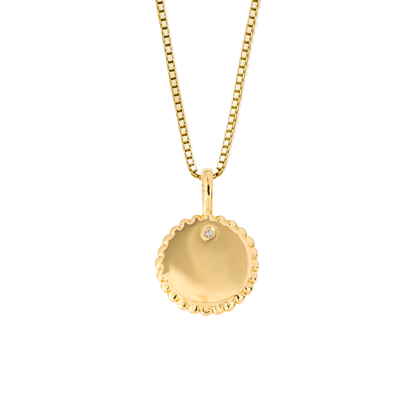 Round Stippled Edge Tag Pendant in Yellow Gold Plated Recycled Silver with Diamond (P5210)