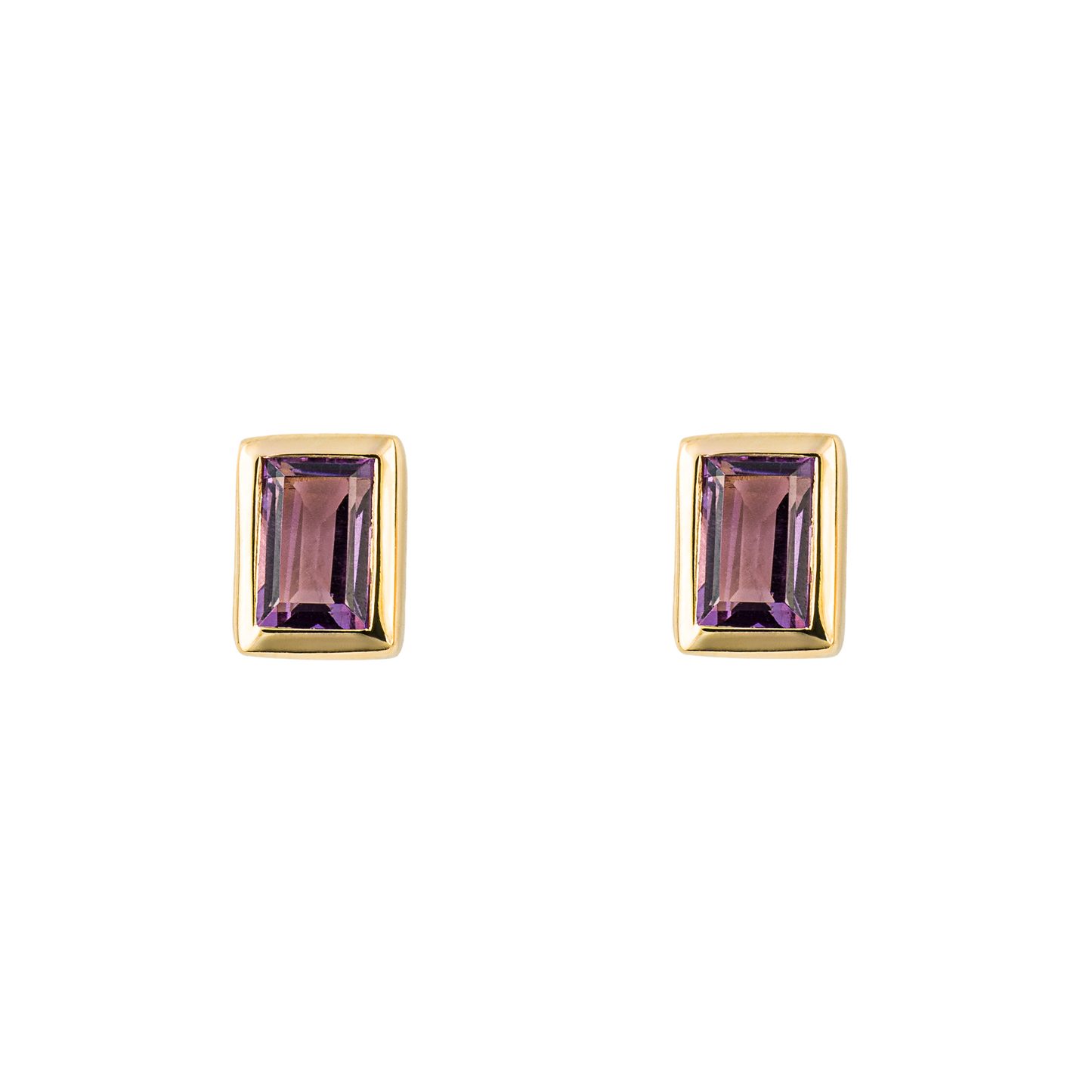 Amethyst rectangle step cut gold plated stud earrings